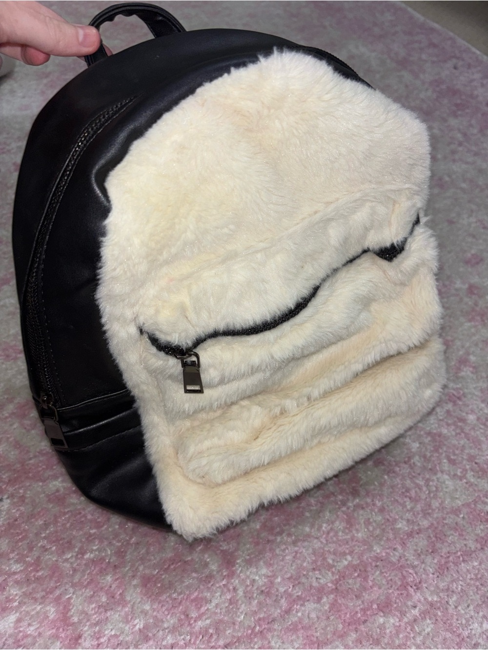 Women’s Faux Fur Front Mini Backpack - Black & Cream